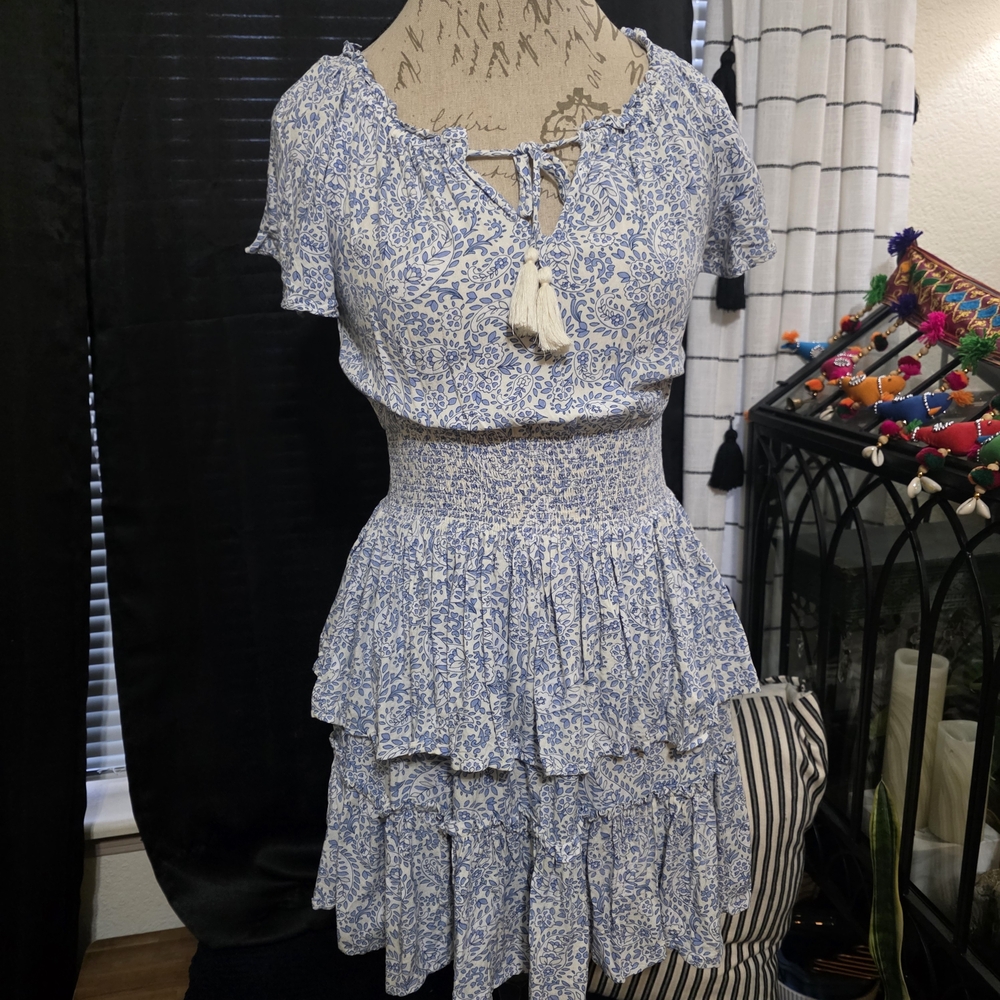 Patrons of Peace Blue and White Floral Ruffle Tier Coquette Boho Dress